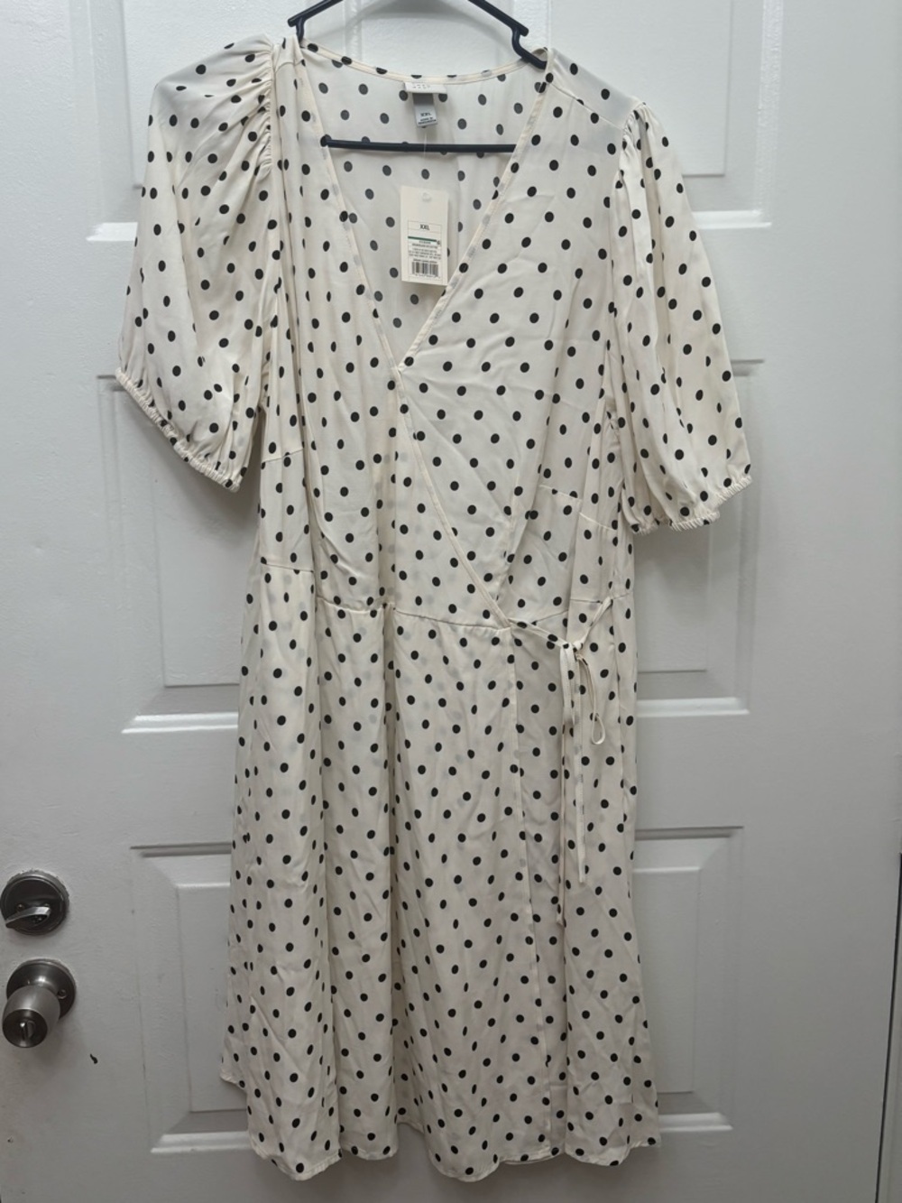 a new day 100% Rayon Cream Midi Wrap Dress with Black Polka Dots